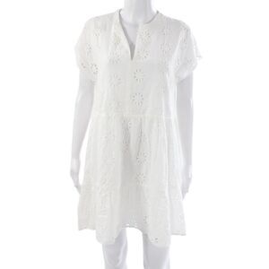 Zara Womens White Floral Shift Dress V Neck Short Sleeve Cotton Size M